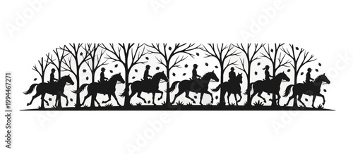 Trail riding in autumn forest silhouette border. Repeating vector arc pattern isolated on transparent background