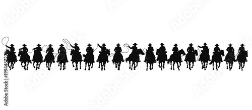 Western cowboy rider with lasso silhouette border. Repeating vector arc pattern isolated on transparent background