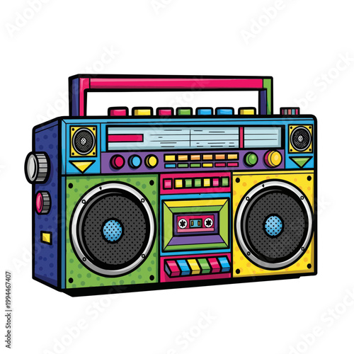 Retro Boombox Cassette Player, 80s Style Colorful Music Device