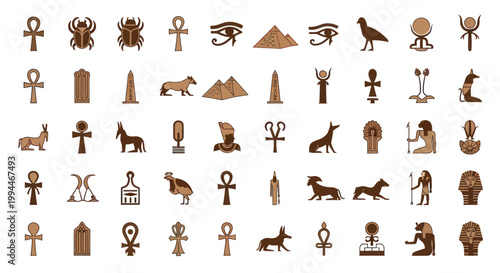 Ancient Egyptian Symbols Icons Set: Pyramids, Ankh, Scarab, Eye of Horus