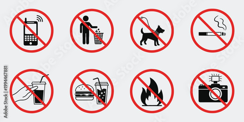 Prohibited activities signage a collection of 'no' symbols in red circles