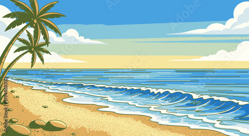 Beach scene illustration with ocean waves sand palm trees and blue sky