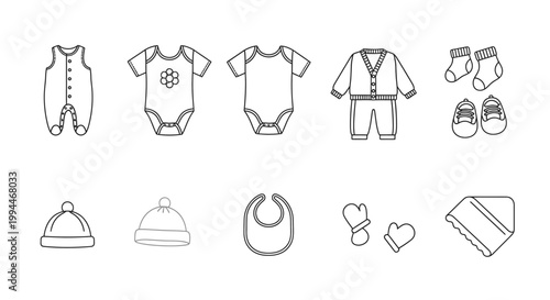 Baby clothes collection outlined bodysuits socks shoes hat bib and mittens