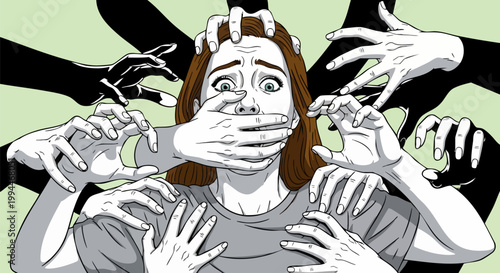 Anxious woman overwhelmed by many reaching hands, psychological stress and social anxiety concept, victim of harassment and silenced female vector