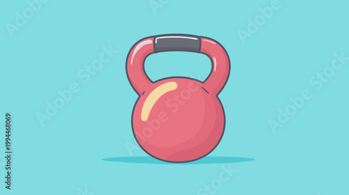 A vibrant cartoon illustration of a red kettlebell, isolated against a light blue backdrop