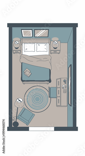 Bedroom interior top view illustration with furniture and decorations
