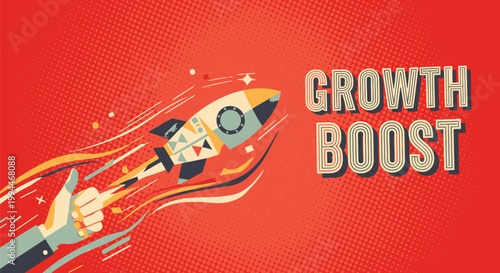 Rocket, growth boost, business success, vector illustration, motivational concept