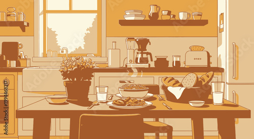 Illustrated kitchen scene with table setting and food in warm tones