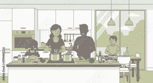 Family cooking together in a modern kitchen with natural light illustration