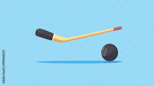 Hockey equipment depicted with a stick floating above a ball on a solid blue backdrop