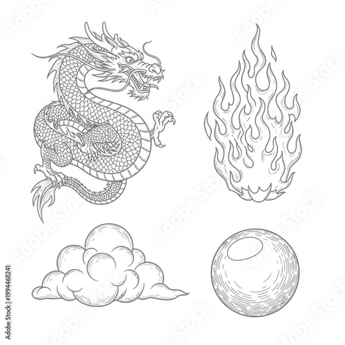 Detailed dragon with flame cloud and sphere line art elements