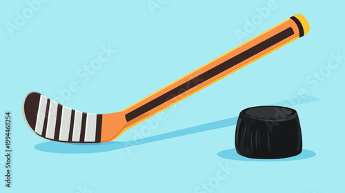 A cartoon depiction of a hockey stick with a black puck in a flat, illustrative style