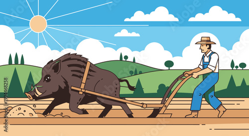 Farmer plowing field with wild boar under a bright sun illustration