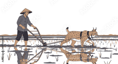 Farmer plowing rice field with animal companion in detailed illustration