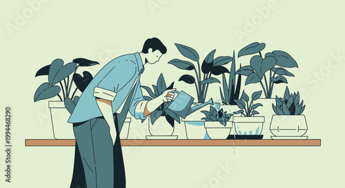 Man watering indoor plants in a graphic style illustration with copy space