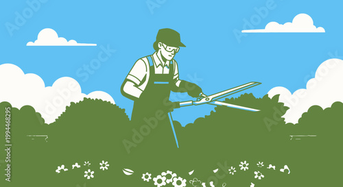 Gardener trimming hedges in a garden scene against a blue sky background