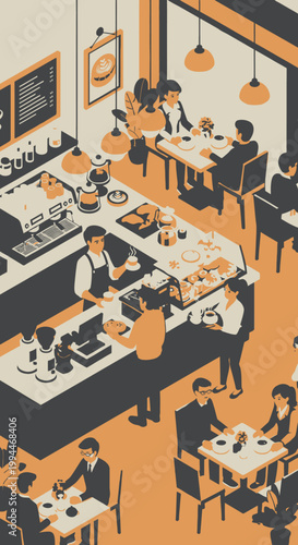 Isometric cafe scene illustration with people beverages and service