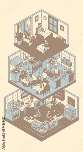Isometric illustration of a restaurant interior with dining and kitchen areas