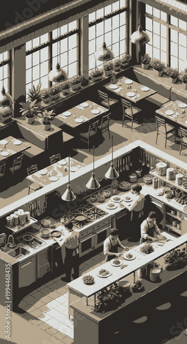 Isometric view of a restaurant kitchen and dining area with staff and tables