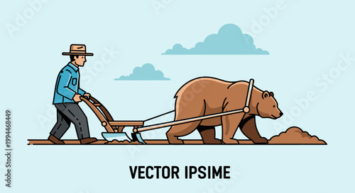 Man plowing field with bear vector illustration agriculture concept
