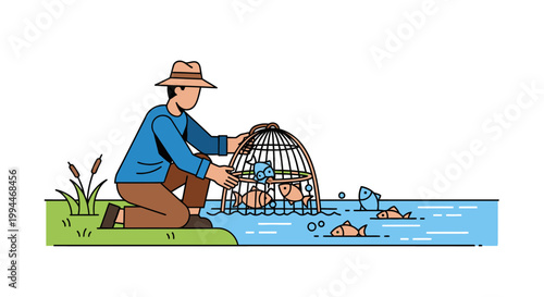 Man fishing with trap near water vector illustration on white background