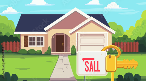 Animated house with a "For Sale" sign and key, a clear sky, and green yard