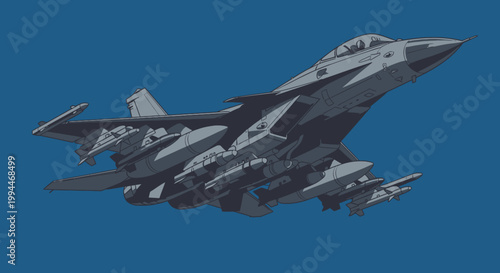 Modern jet fighter in flight against blue background vector illustration