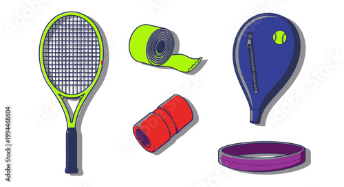Tennis equipment illustration rackets tape ball and accessories on white