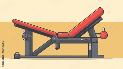 A stylized illustration of an adjustable weight bench in shades of red, gray, and yellow