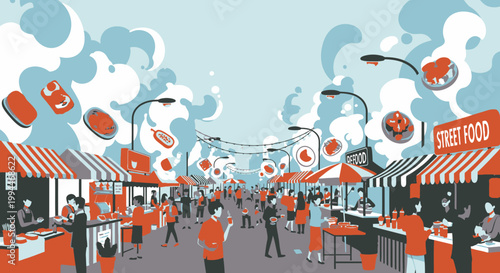 Vibrant illustration of a bustling street food market with many vendors