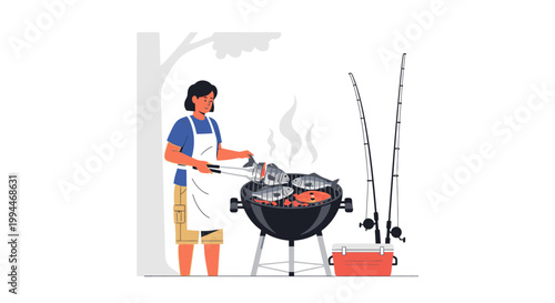 Woman grilling fish outdoors near fishing rods with copy space for editorial use
