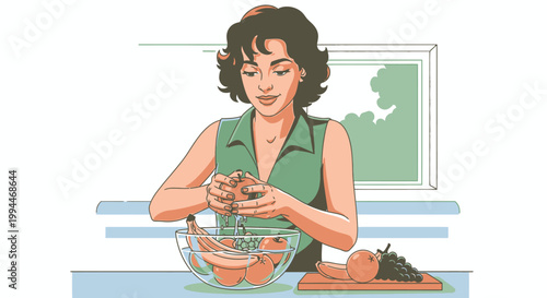 Woman preparing fruit in kitchen illustration vector healthy eating concept