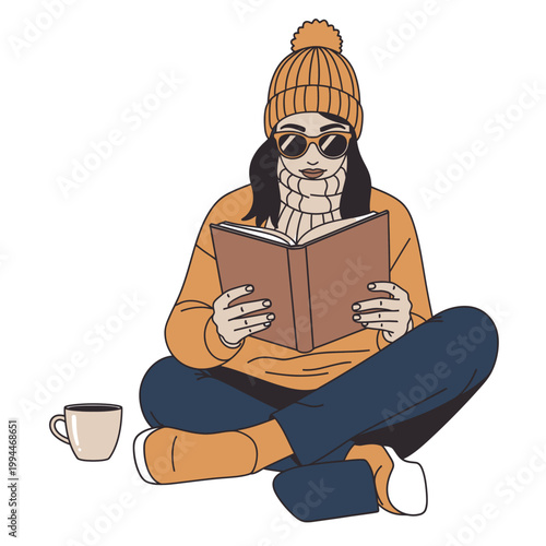 Woman reads a book outdoors vector illustration isolated on white