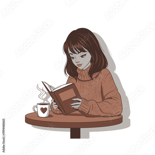 Woman reading book at table with coffee artistic illustration