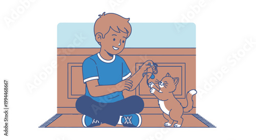 Young boy playing with a cat indoors on a patterned rug illustration