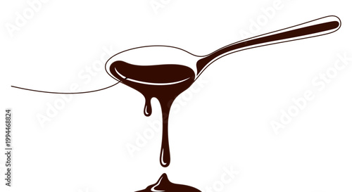 Dark Chocolate Syrup Dripping from Spoon, Sweet Dessert Ingredient, Isolated on White