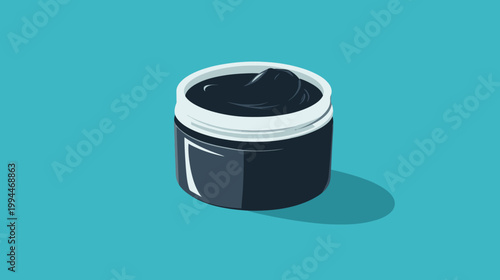 Isometric style illustration showing an open jar of dark, thick substance on a solid teal background