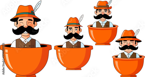 Bavarian man with mustache in beer mug vector, traditional German character set, Oktoberfest festival mascot collection, cartoon man in orange cup