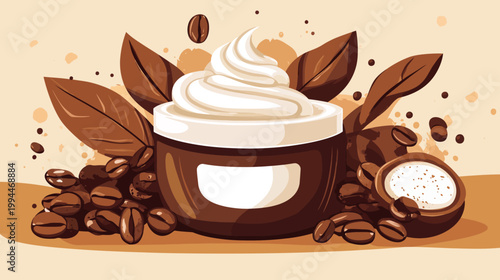 Artistic depiction of a cosmetic jar with whipped cream, coffee beans, and leaves, on a beige backdrop