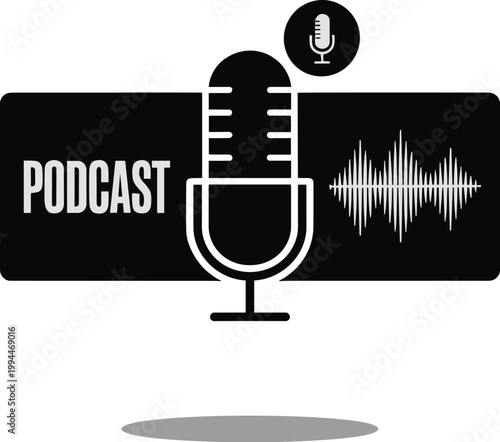 Modern podcasting icon: a bold black and white graphic featuring a vintage microphone silhouette and sound wave visualizer, representing audio recording, digital media, and broadcasting, ideal for tec