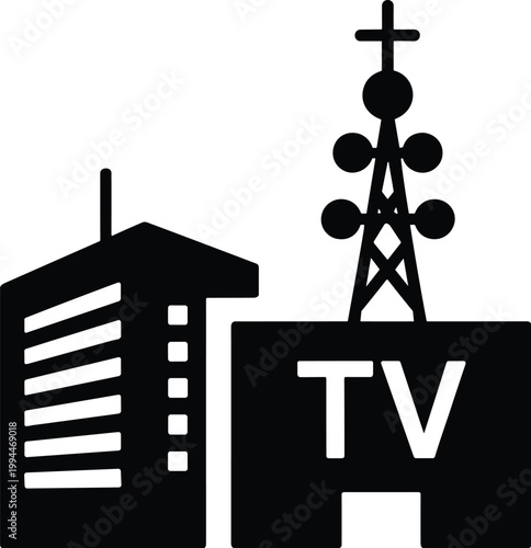 Iconic silhouette of a modern television broadcasting station building with a prominent transmission tower and antenna, featuring the distinctive 'TV' logo, representing media, communication, and ente