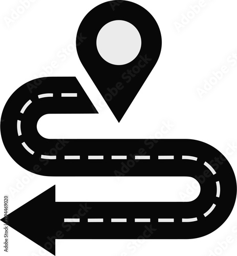 Navigational Road Trip Route Map Pin Icon: A winding black asphalt road with dashed white lines leads to a black map marker pin, symbolizing journey planning, destination search, travel routes, busine