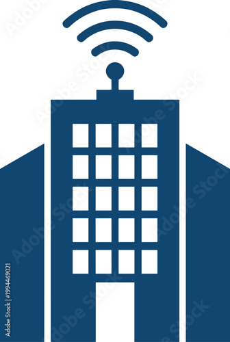 Blue Silhouette of a Modern Office Building with Central Structure Featuring Rows of Windows and a Rooftop Antenna Emitting Wireless Signals, Symbolizing Smart Technology, Connectivity, and Data Excha