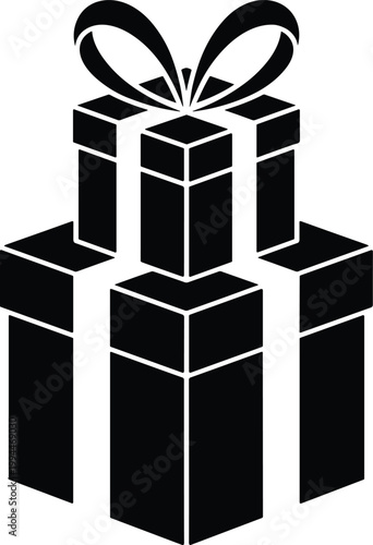 Stack of Black Gift Boxes with Ribbon Bow, Celebration Surprise Concept, Festive Holiday Decoration, Birthday Present, Christmas Package, Anniversary Joy, Gift Giving Event, Romantic Surprise, Luxury