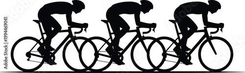 Cycling Race Silhouette: Three Athletes Competing in a Synchronized Peloton on Road Bikes, Dynamic Action Shot Embodying Speed, Determination, and Competitive Spirit, Ideal for Sports Marketing, Healt