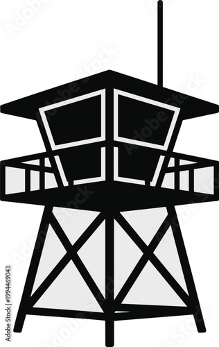 Iconic Black Silhouette of a Lifeguard Tower on a White Background, Representing Beach Safety, Summer Recreation, Coastal Vigilance, and Resort Operations. This Minimalist, Graphic Vector Illustration