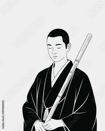 Serene Japanese Monk in Black Kimono Holding Bamboo Stick, Meditating with Eyes Closed in Tranquil Zen Garden Setting, Representing Spirituality, Mindfulness, Peace, Inner Calm, and Traditional Japane