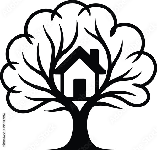 Abstract Eco-friendly Treehouse Logo Concept: Symbolizes Sustainable Living, Growth, Childhood Dreams, and Harmony with Nature; Ideal for Real Estate, Environmental Organizations, or Children's Brands