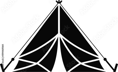 Minimalist black silhouette of a teepee or conical tent, representing camping adventure, outdoor recreation, glamping luxury, and bohemian lifestyle in nature, perfect for travel blogs, adventure gear