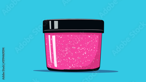 Illustration of a pink container with a black lid, casting a shadow on a blue background